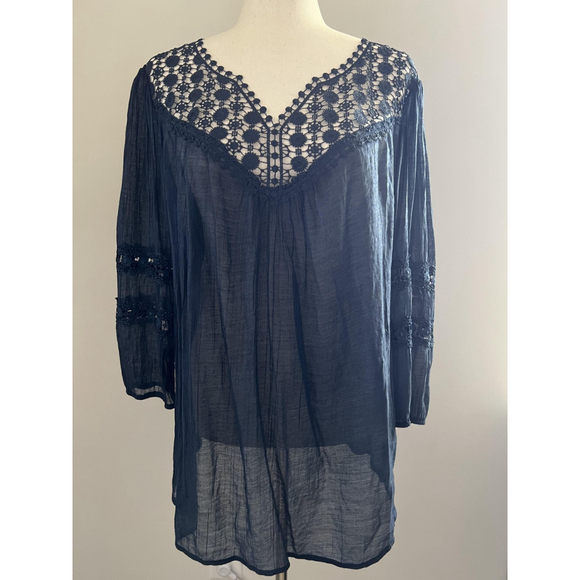 Womens Top XL Navy Blue Crochet Boho Sheer Tunic Lace Boho Peasant Cottagecore - Picture 1 of 13